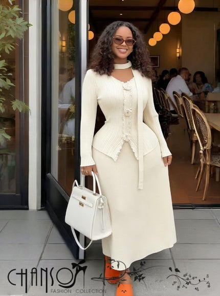 Cream knit twin set maxi skirt with long-sleeve cardigan and loop-button trim