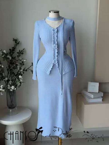 Light blue knit twin set maxi skirt with long-sleeve cardigan and decorative buttons