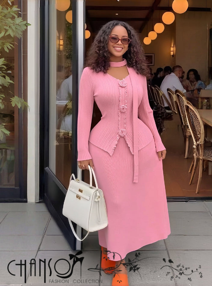 Pink knit twin set maxi skirt with long-sleeve cardigan, buttoned front detail