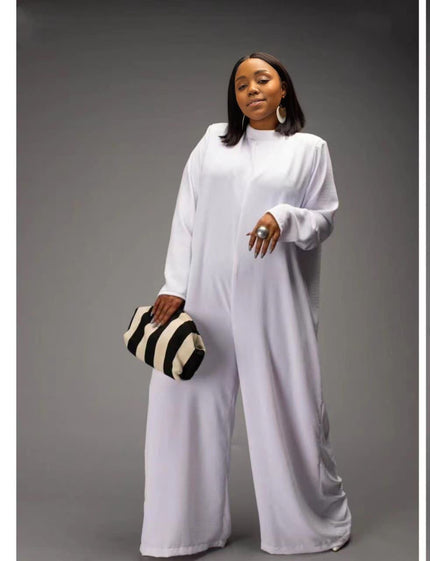 White relaxed-fit jumpsuit with long sleeves, high neckline, wide legs, side pockets