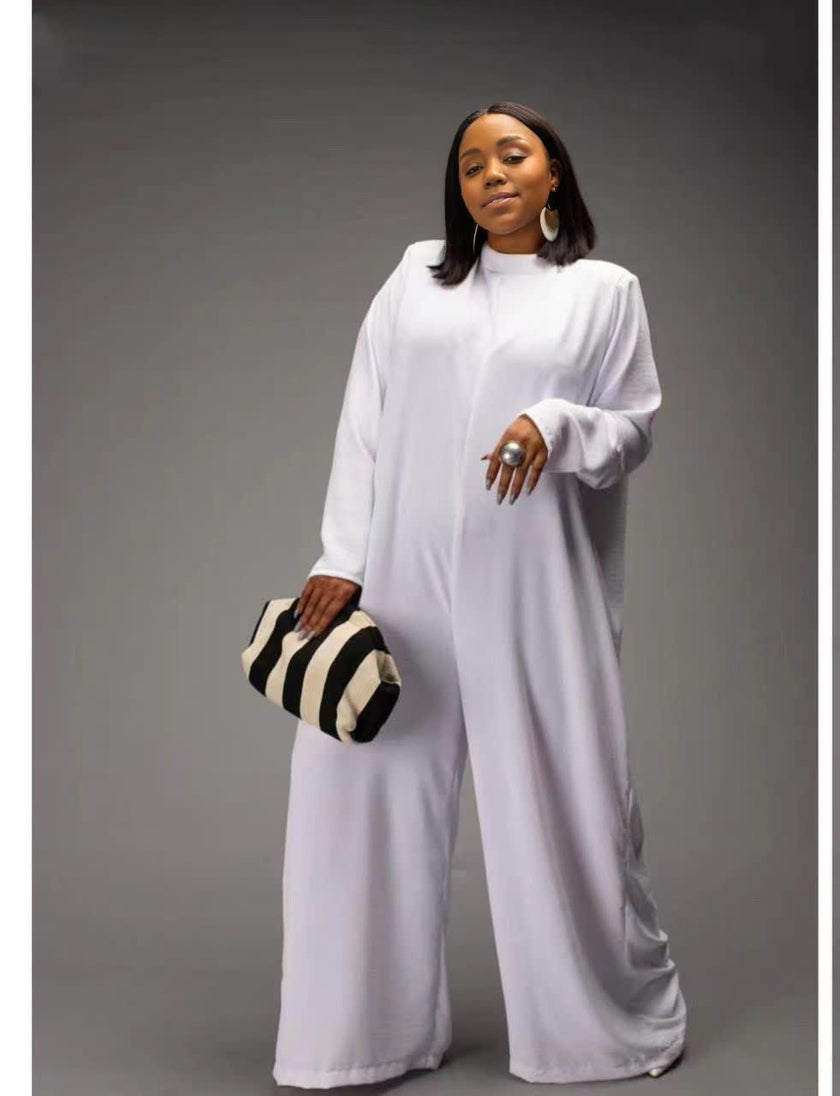 White relaxed-fit jumpsuit with long sleeves, high neckline, wide legs, side pockets
