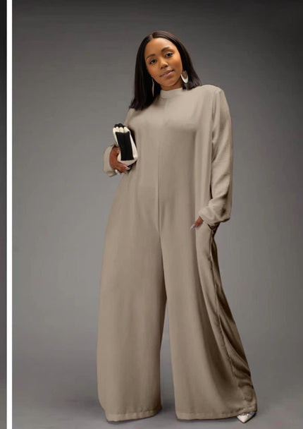 Khaki relaxed-fit jumpsuit with long sleeves, high neckline, wide legs, side pockets