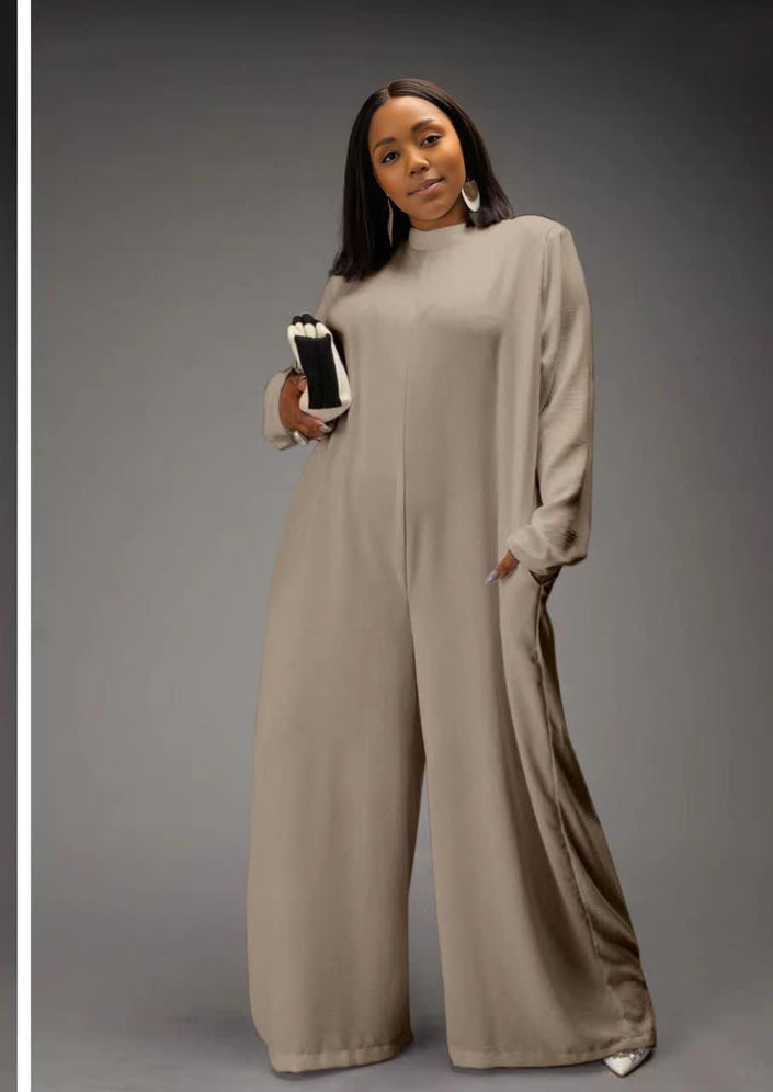 Khaki relaxed-fit jumpsuit with long sleeves, high neckline, wide legs, side pockets