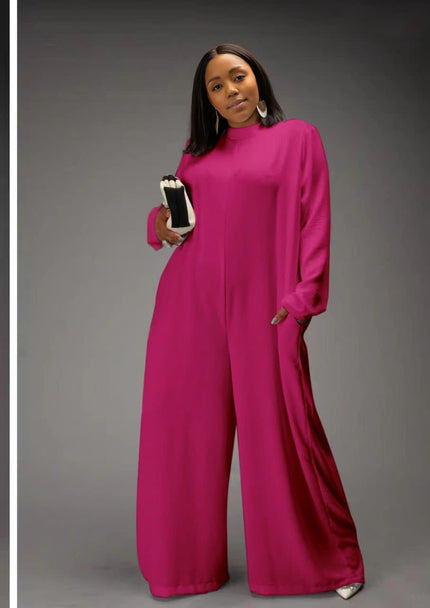 Deep-pink relaxed-fit jumpsuit with long sleeves, high neckline, wide legs, side pockets