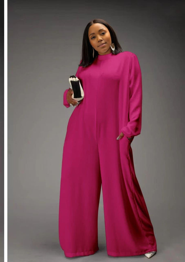 Deep-pink relaxed-fit jumpsuit with long sleeves, high neckline, wide legs, side pockets