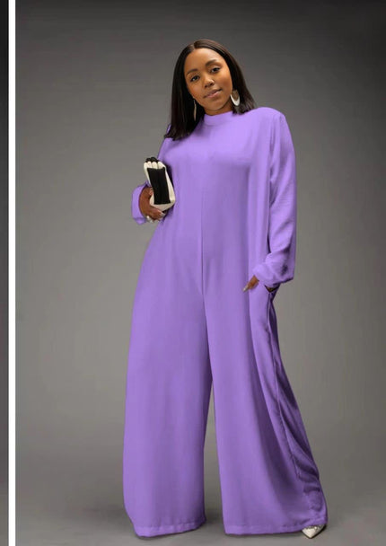 Light-purple relaxed-fit jumpsuit with long sleeves, high neckline, wide legs, side pockets