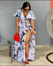 Midi dress with V-neck, wrap bodice, side slit, abstract print