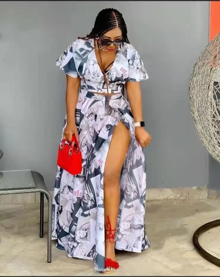 Midi dress with V-neck, wrap bodice, side slit, abstract print