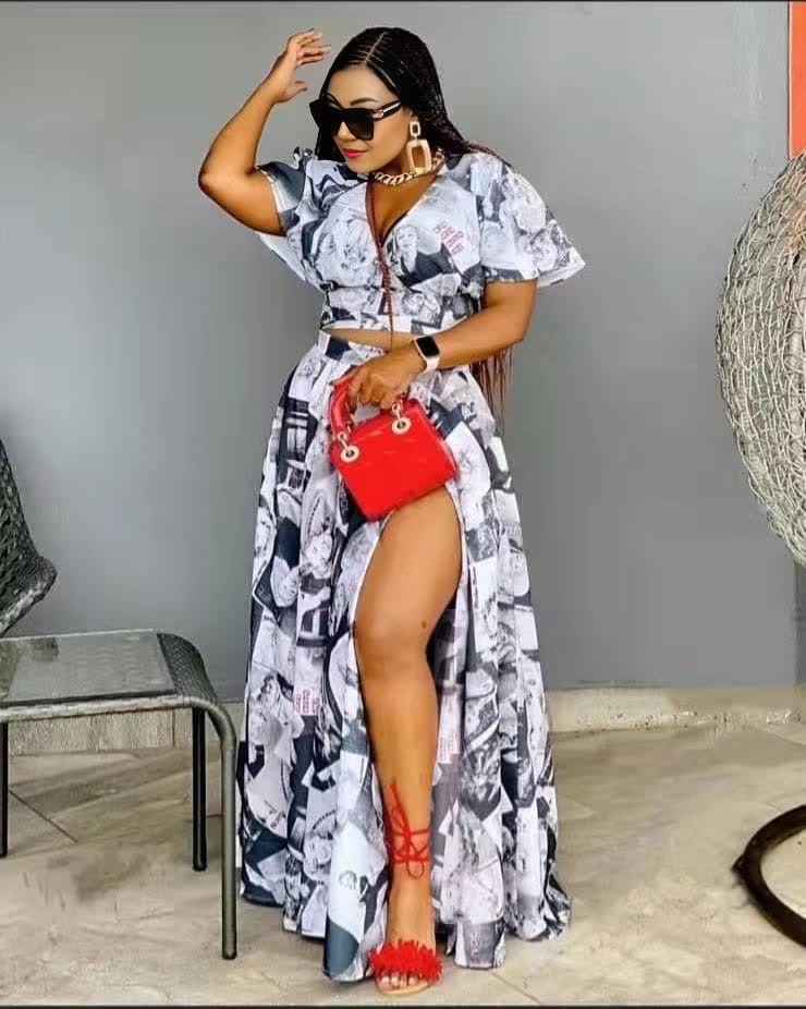 Women's Two-Piece Set - High Slit Printed Long Skirt with Fashionable V-Neck Short Sleeve Top