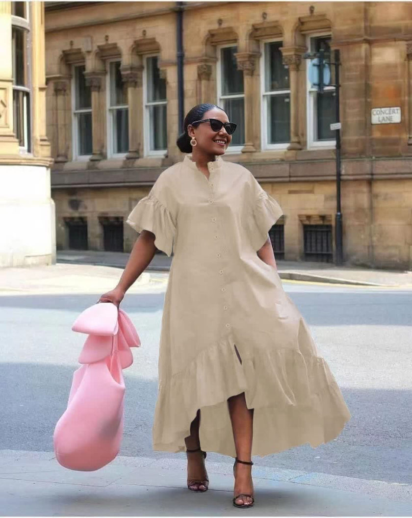 Mid-Length Flared Skirt Dress with Structured Collar and Button-Down Front