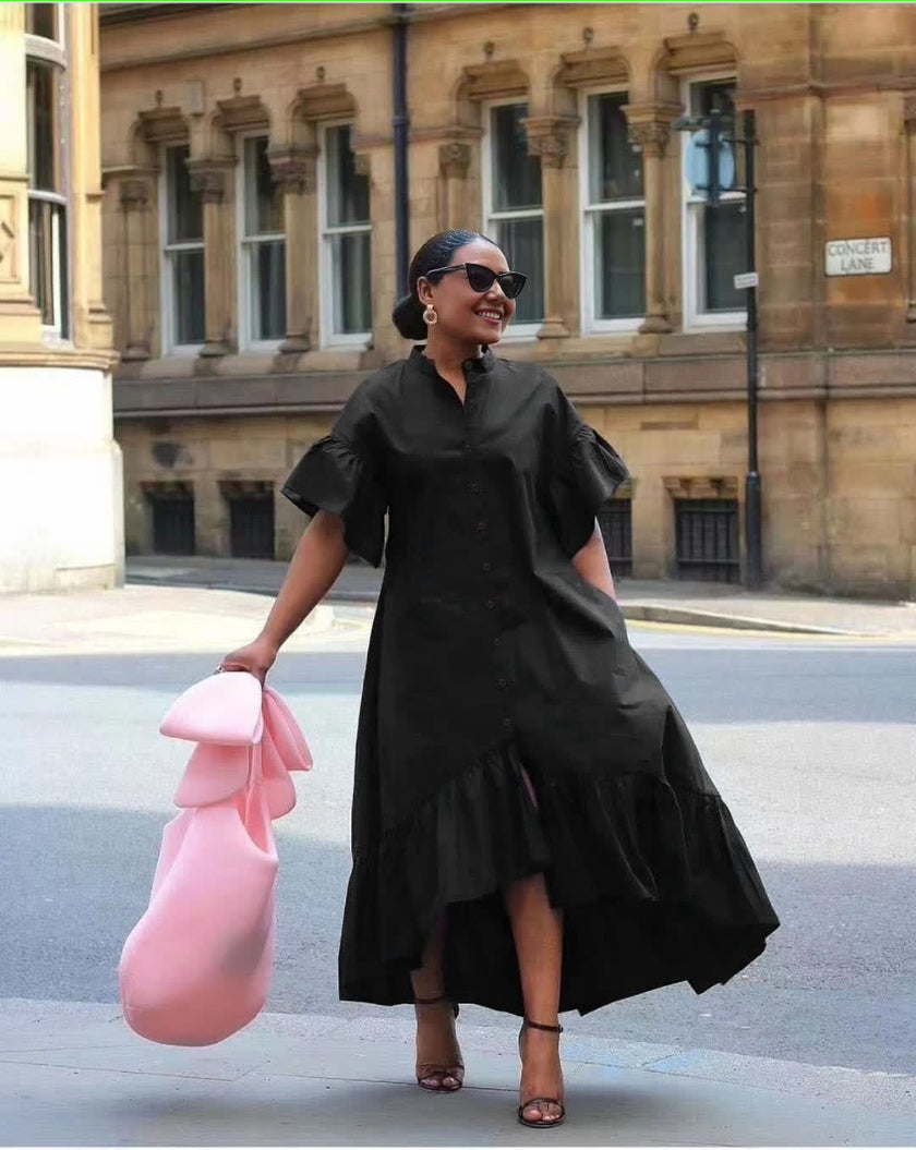 Mid-Length Flared Skirt Dress with Structured Collar and Button-Down Front