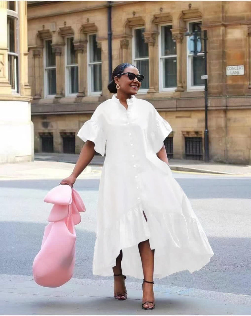 Mid-Length Flared Skirt Dress with Structured Collar and Button-Down Front