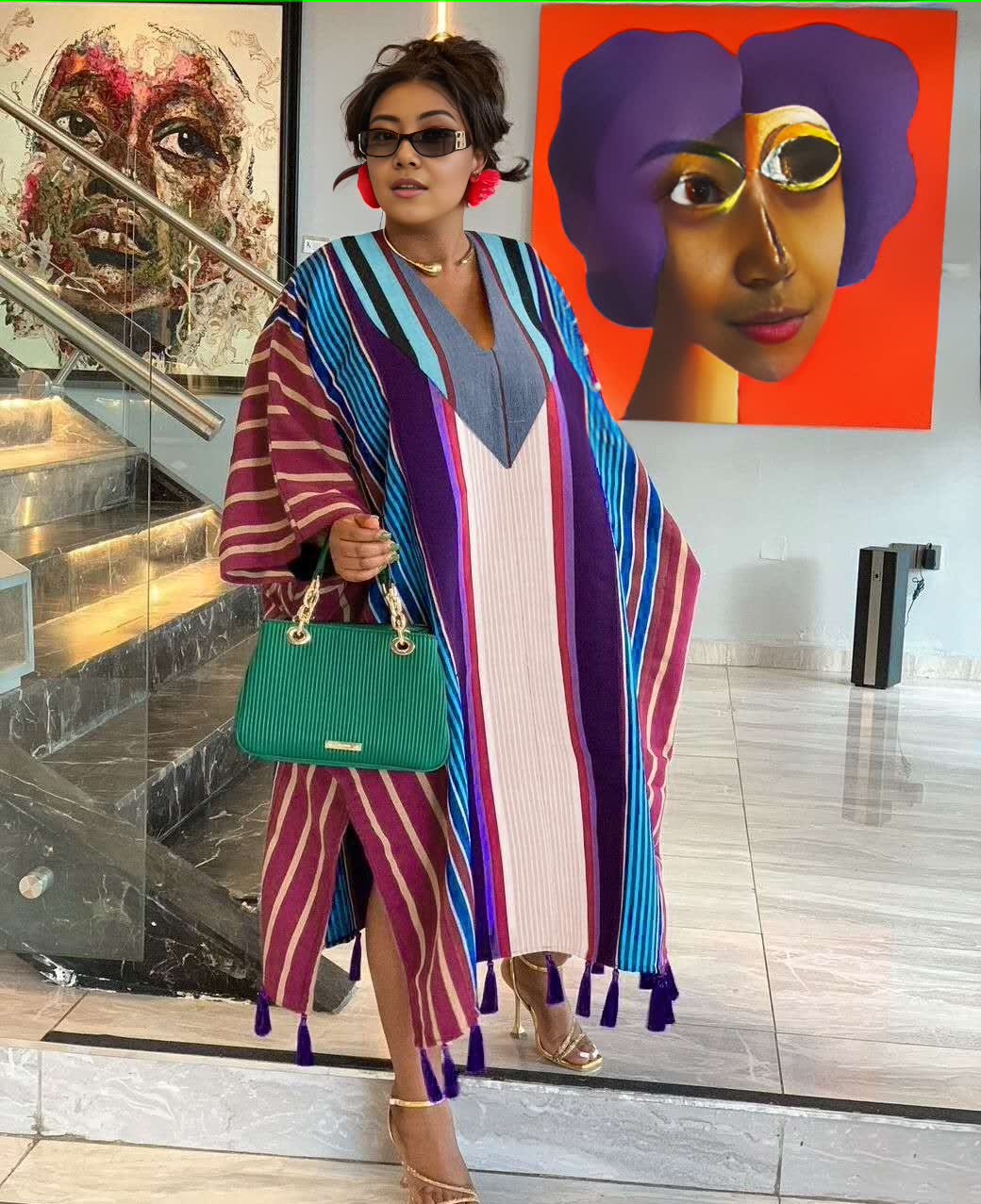 Color-block maxi kaftan dress with V-neck and tassel trim, striped purple, teal, white.