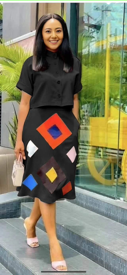 Geometric print midi skirt, black with colorful diamond shapes