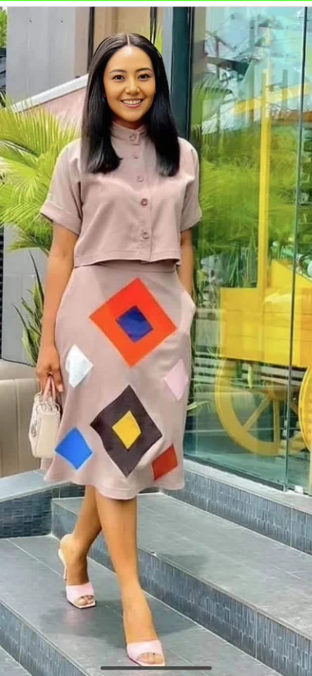 Geometric print midi skirt, tan with colorful diamond and block shapes