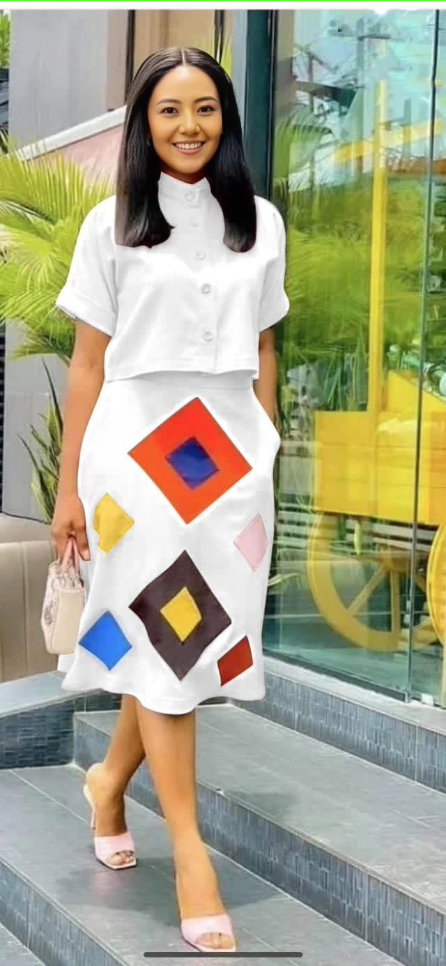 Geometric print midi skirt, white with colorful diamond and block shapes