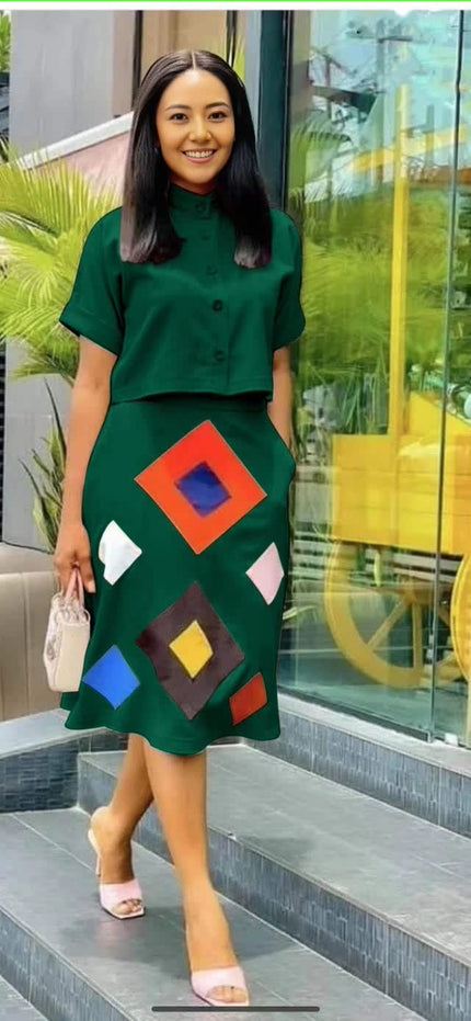 Geometric print midi skirt, dark green with colorful diamond geometric print