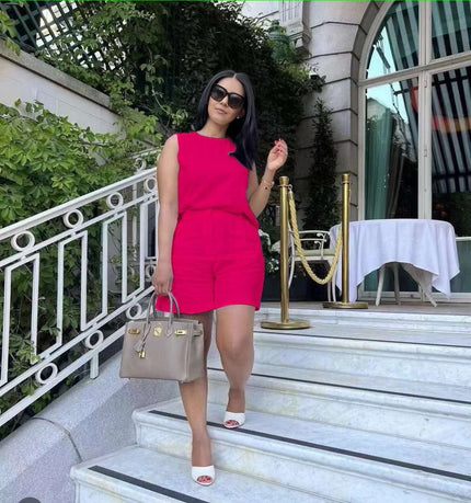 Deep-pink sleeveless waist-tie twin set with matching shorts, crew neckline