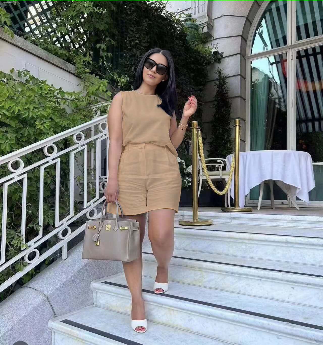 Khaki sleeveless waist-tie twin set with matching shorts, crew neckline