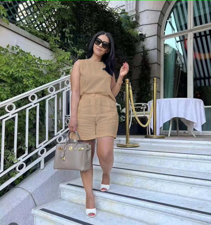 Khaki sleeveless waist-tie twin set with matching shorts, crew neckline