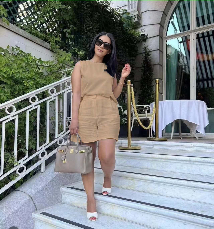 Khaki sleeveless waist-tie twin set with matching shorts, crew neckline