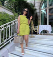 Lime green sleeveless waist-tie twin set with matching shorts, crew neckline
