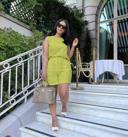 Lime green sleeveless waist-tie twin set with matching shorts, crew neckline
