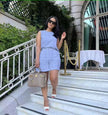 Light-sky-blue sleeveless waist-tie twin set with matching shorts, crew neckline