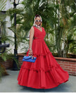 Red high-waist A-line maxi dress with tiered ruffle layers and V-neck