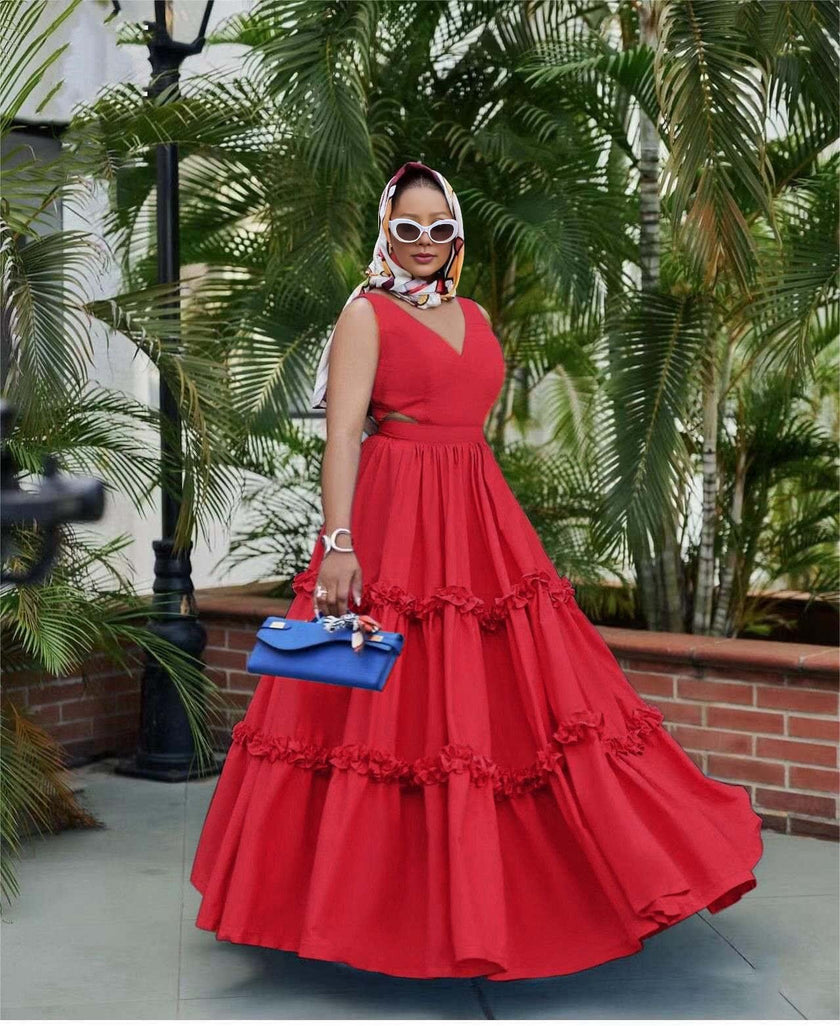 Red high-waist A-line maxi dress with tiered ruffle layers and V-neck
