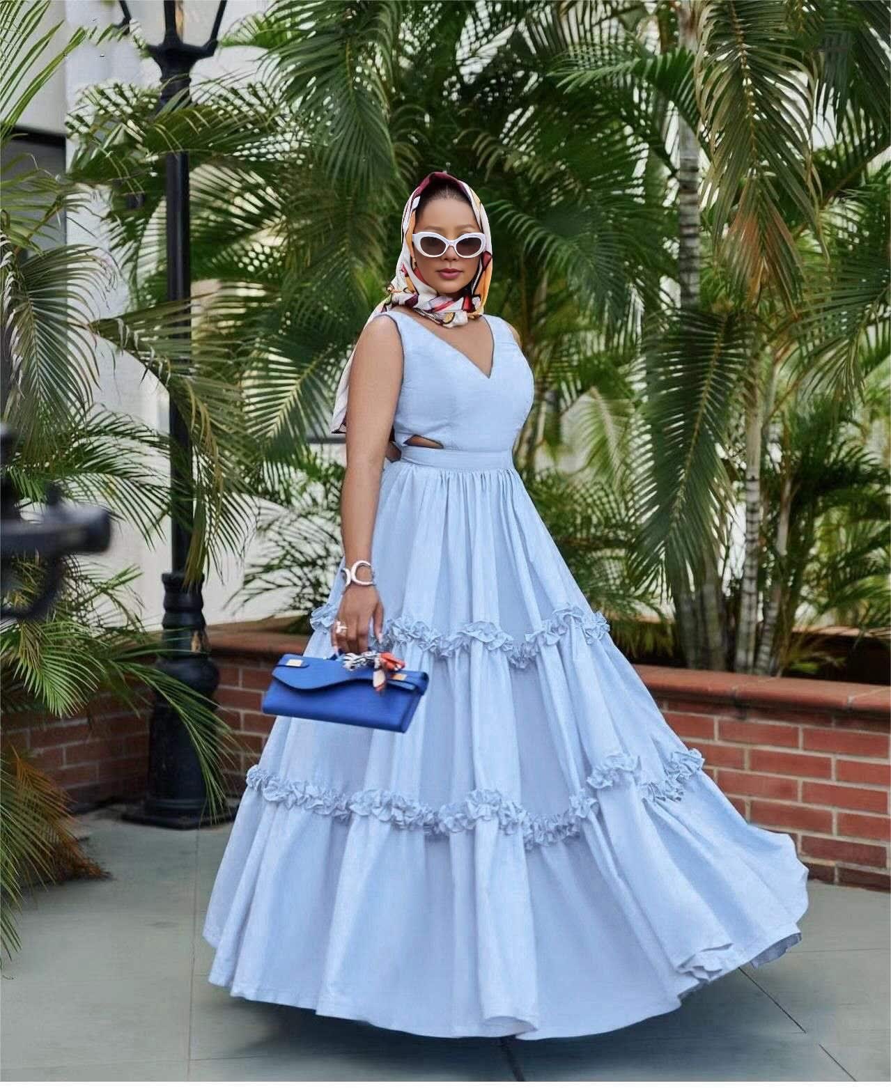 Sky-blue high-waist A-line maxi dress with tiered ruffle trim and V-neck