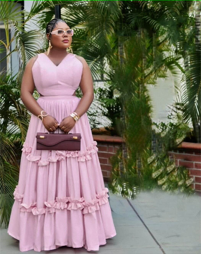 Pink high-waist A-line maxi dress with layered ruffles and V-neck bodice