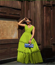 Yellow-green high-waist A-line maxi dress with layered ruffles and V-neck
