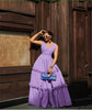 Light-purple high-waist A-line maxi dress with layered ruffle skirt and V-neck