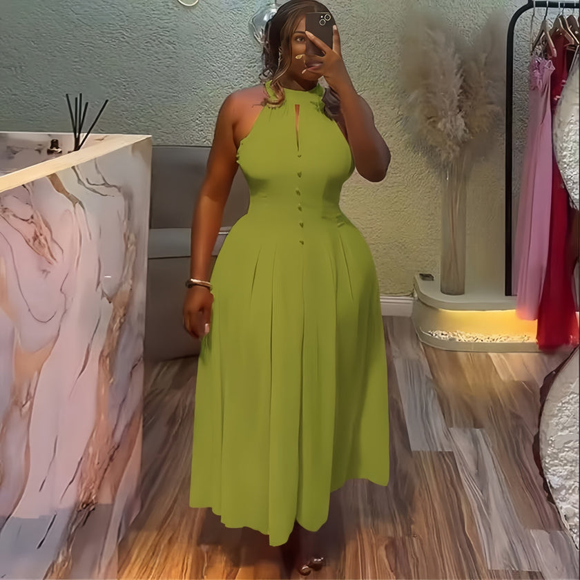 Sleeveless Halter Midi Dress with Button-Front Bodice