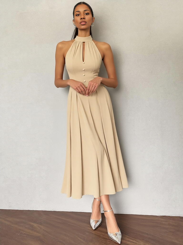 Sleeveless Halter Midi Dress with Button-Front Bodice