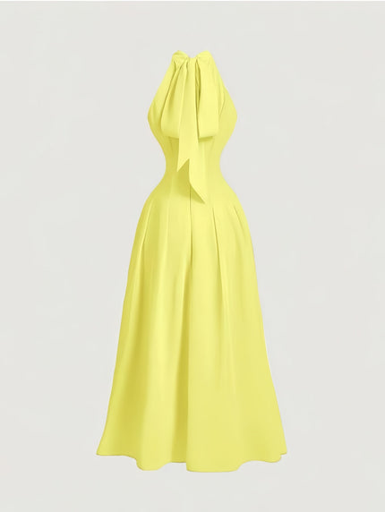 Light yellow halter midi dress with button bodice and flared skirt