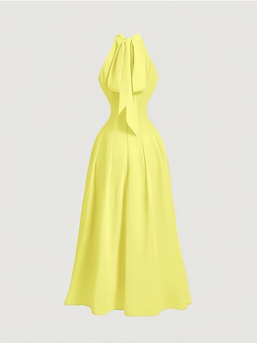 Light yellow halter midi dress with button bodice and flared skirt