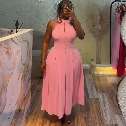 Pink halter midi dress with button bodice and pleated skirt