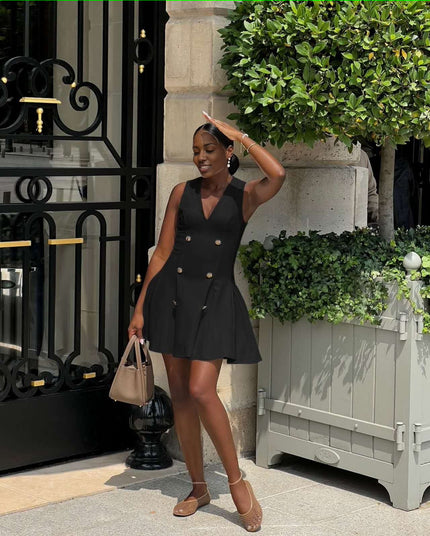 Black sleeveless blazer mini dress with gold button front and V-neck