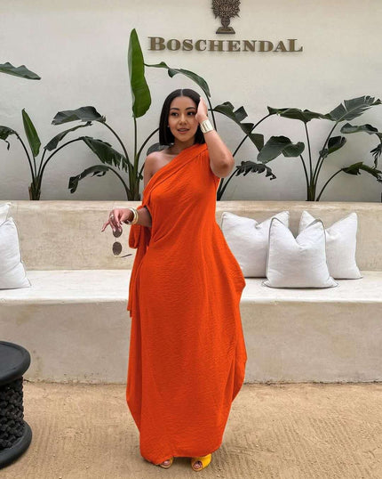 Orange-red one-shoulder maxi dress, layered loose fit, draped side detail