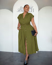 Army-green button-front midi dress with lapel and side slit, short sleeves