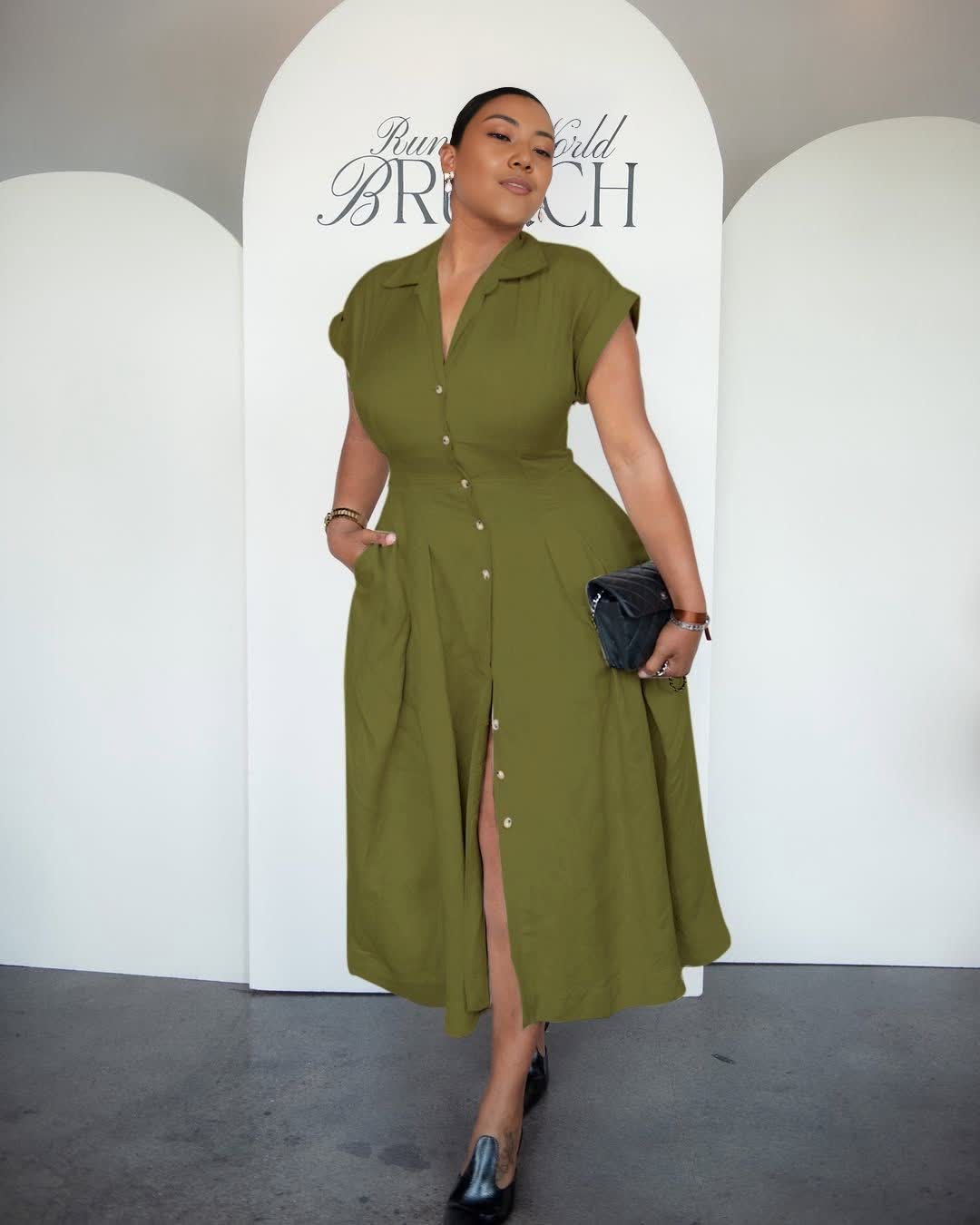 Army-green button-front midi dress with lapel and side slit, short sleeves