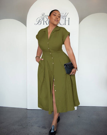 Army-green button-front midi dress with lapel and side slit, short sleeves