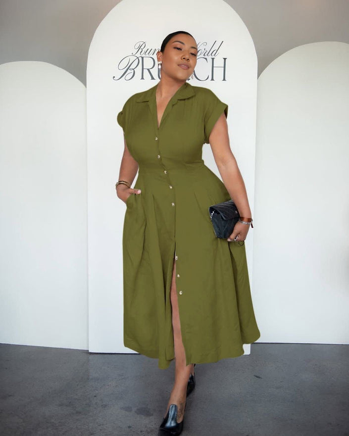 Army-green button-front midi dress with lapel and side slit, short sleeves