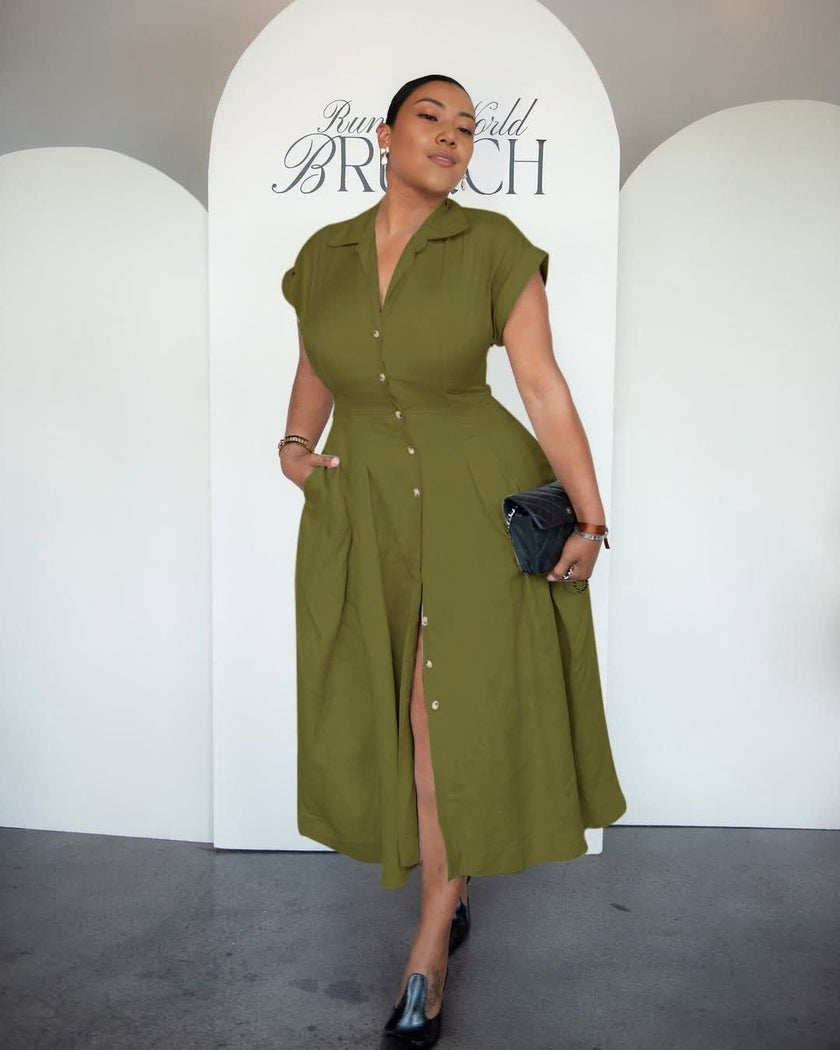 Army-green button-front midi dress with lapel and side slit, short sleeves