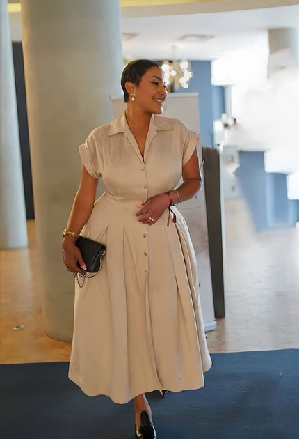 Tan button-front midi dress with lapel and side slit, short sleeves
