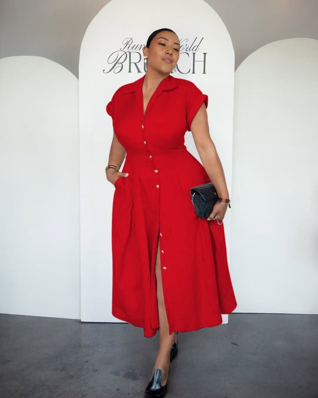 Red button-front midi dress with lapel and side slit, short sleeves