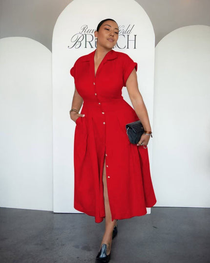Red button-front midi dress with lapel and side slit, short sleeves
