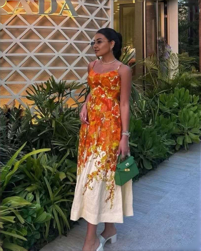 Floral maxi dress, sleeveless, gathered waist, multicolor floral print.